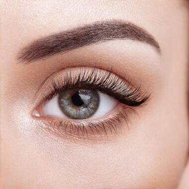 Close up of beautiful eyelash extensions and brow lamination from our Boca Raton location.