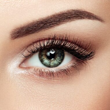 Close up of beautiful eyelash extensions and brow lamination from our Boca Raton location.